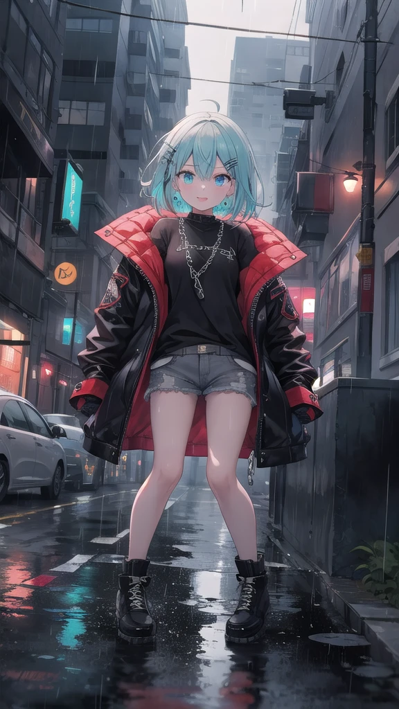 (8K, best quality, master piece: 1.3),super high resolution,1 girl, solo, full body ,ultra-detailed face, silme, (ash hair), thin hair clip, cyan colorshift eyes, expressive eyes, Ecstatic expression, Punk rock style Leather, denim Black, red Spike accessories, chain, A city in torrential rain Grey, blue, white Dark and damp