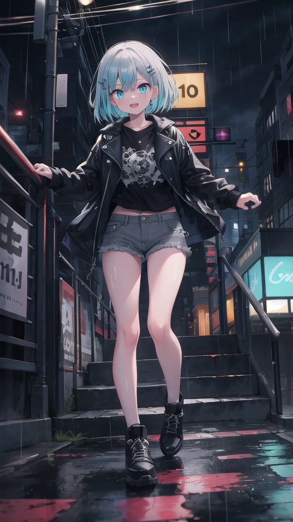 (8K, best quality, master piece: 1.3),super high resolution,1 girl, solo, full body ,ultra-detailed face, silme, (ash hair), thin hair clip, cyan colorshift eyes, expressive eyes, Ecstatic expression, Punk rock style Leather, denim Black, red Spike accessories, chain, A city in torrential rain Grey, blue, white Dark and damp