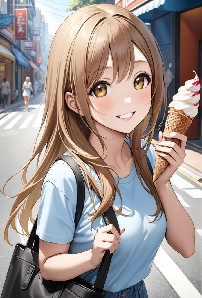 Ultra-realism、One girl, Long Hair, smile, Hanamaru Kunikida、Reach out、Background Street、Ice cream in one hand