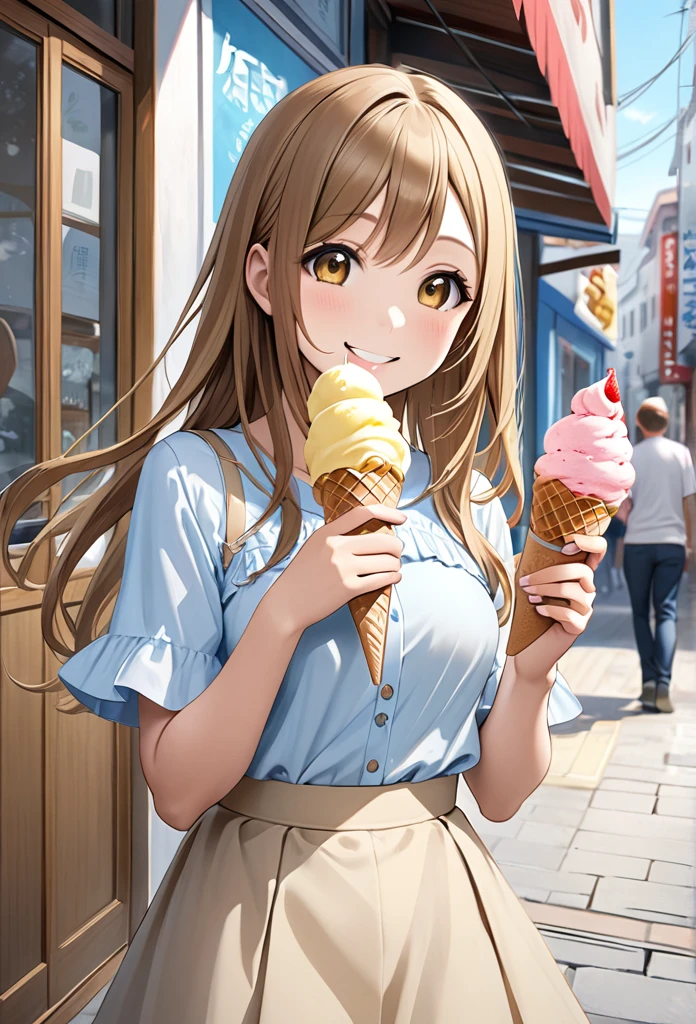 Ultra-realism、One girl, Long Hair, smile, Hanamaru Kunikida、Reach out、Background Street、Ice cream in one hand