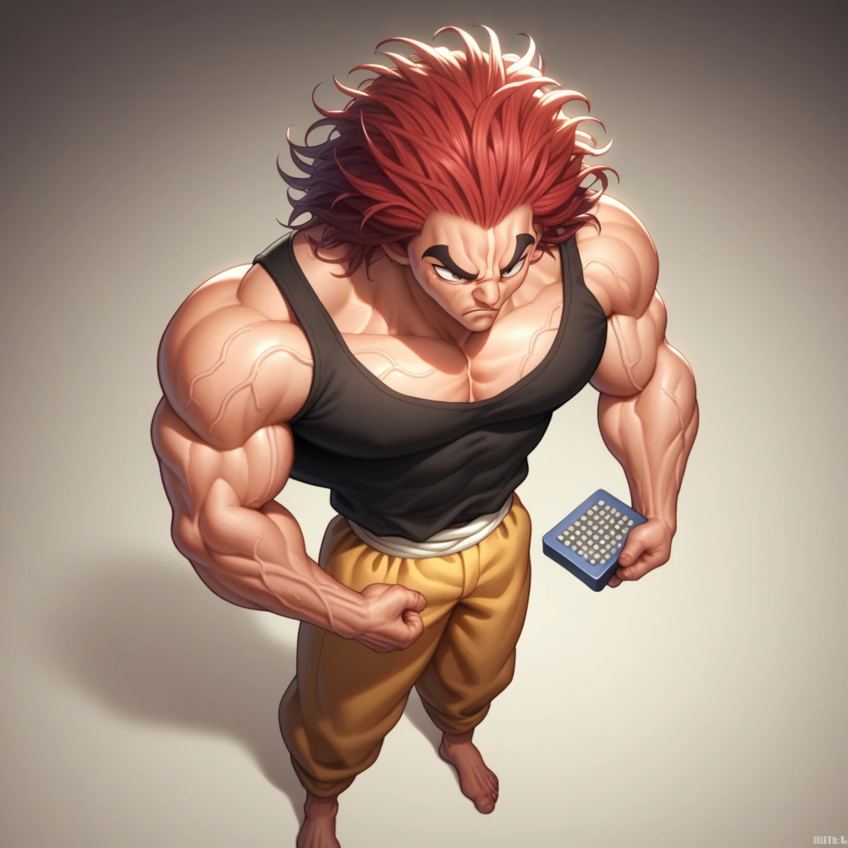 punctuation_9, punctuation_8_High above, punctuation_7_High above, Yujiro Hanma, ****ung boy, male focus, standing alone, black jersey,muscular male, Red hair, manly, venat, pHigh aboveils, eyes browns, dynamic lighting, extremely detaild,portraite, serious expression,very veiny,sheen, Dragon Quest style, whole body.