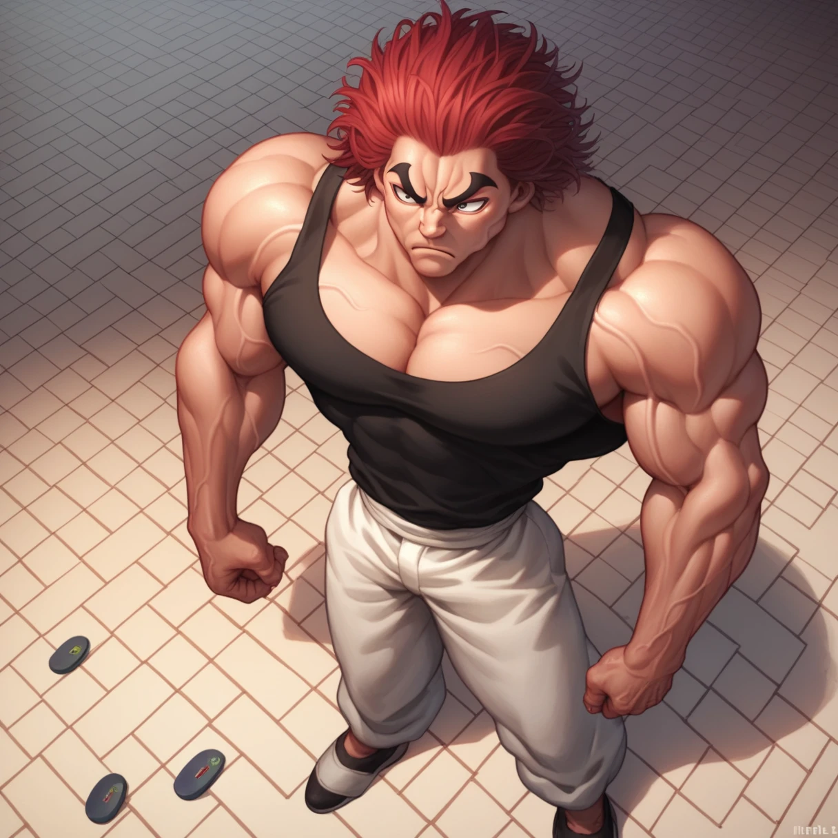 punctuation_9, punctuation_8_High above, punctuation_7_High above, Yujiro Hanma, ****ung boy, male focus, standing alone, black jersey,muscular male, Red hair, manly, venat, pHigh aboveils, eyes browns, dynamic lighting, extremely detaild,portraite, serious expression,very veiny,sheen, Dragon Quest style, whole body.