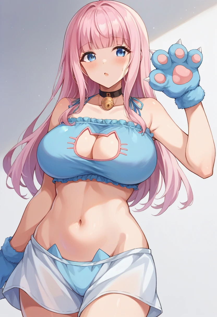 One Girl, alone, Cowboy Shot, chika, blue eyes, Pink Hair, Hair Ribbon, During pregnancy女性、, 白い cat paw gloves 、White knee-high socks、slim, Huge breasts 、During pregnancy、Hands touching belly、slimな、cat lingerie, choker, Neck bell