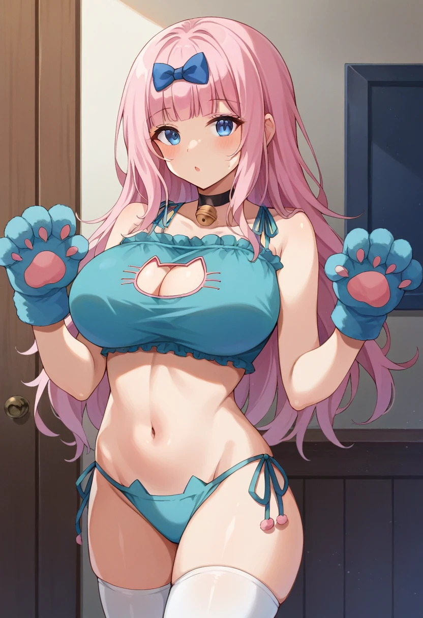 One Girl, alone, Cowboy Shot, chika, blue eyes, Pink Hair, Hair Ribbon, During pregnancy女性、, 白い cat paw gloves 、White knee-high socks、slim, Huge breasts 、During pregnancy、Hands touching belly、slimな、cat lingerie, choker, Neck bell