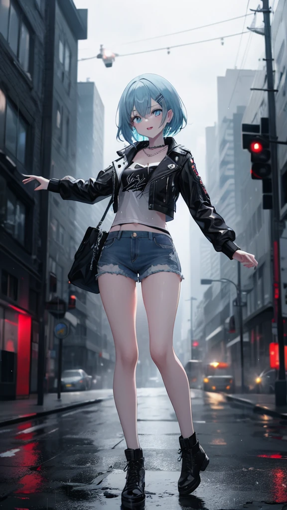 (8K, best quality, master piece: 1.3),super high resolution,1 girl, solo, full body ,ultra-detailed face, silme, (ash hair), thin hair clip, cyan colorshift eyes, expressive eyes, Ecstatic expression, Punk rock style Leather, denim Black, red Spike accessories, chain, A city in torrential rain Grey, blue, white Dark and damp