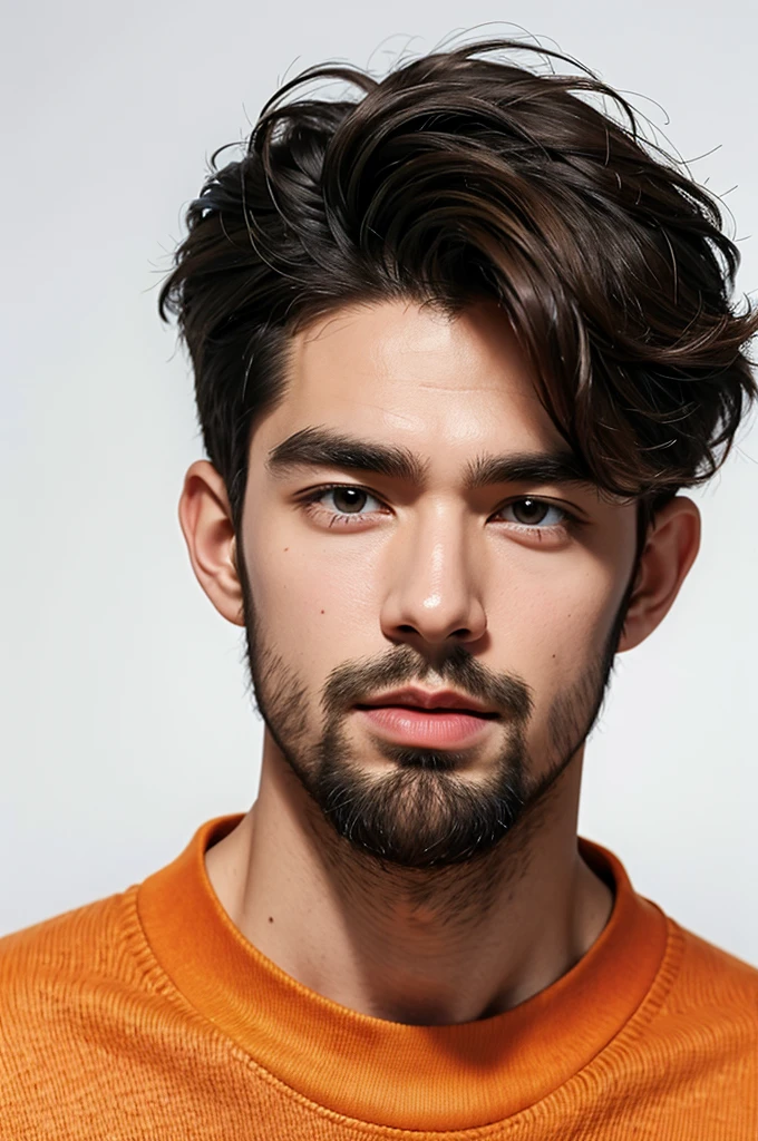 handsome male,beard,upper body portrait,orange sweater,white background,