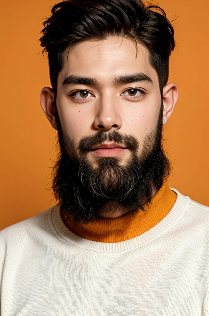 handsome male,beard,upper body portrait,orange sweater,white background,