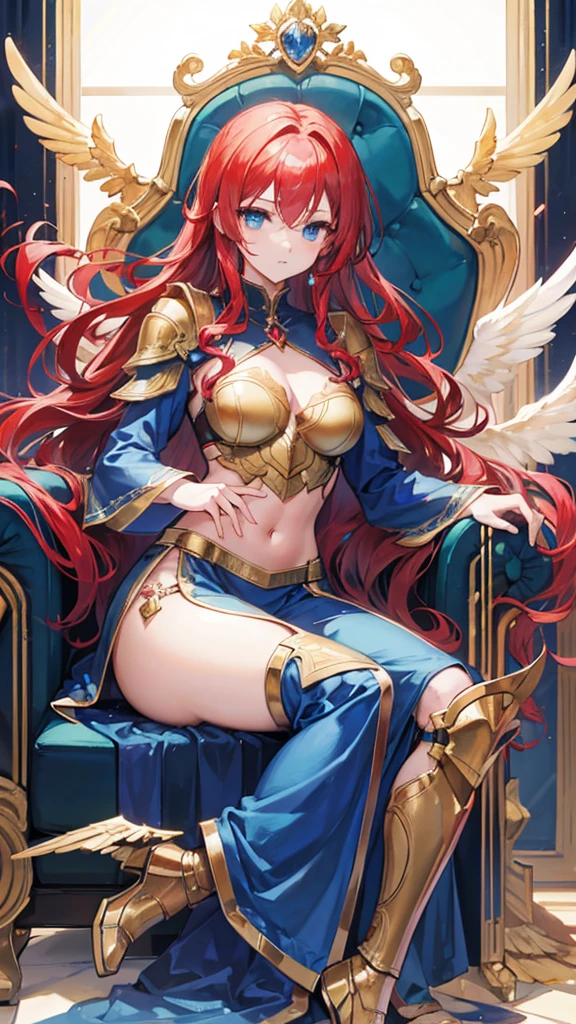 A woman with red curly hair, blue-eyed wearing golden armor with golden wings, sitting on a platinum throne