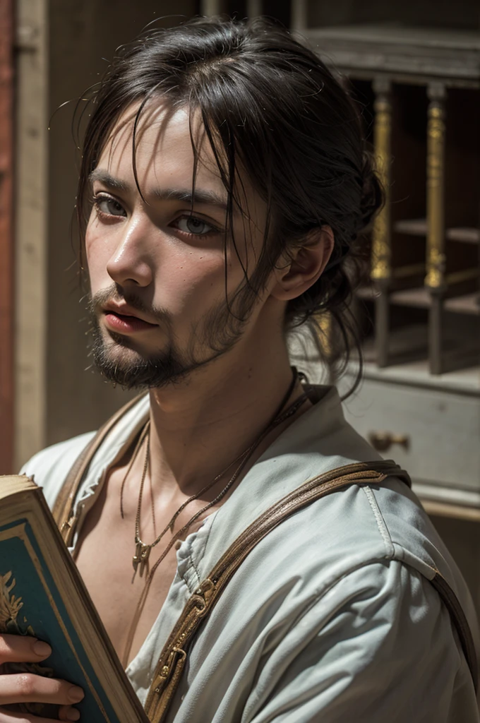 An oldery man Hermit have white bearded sage, white ascetic outfit, reading an old big book in an ancient library, optimistic, adventurous, cinematic lighting, dramatic skies, detailed facial features, detailed clothing, depth of field, photorealistic, highly detailed, 8k, masterpiece