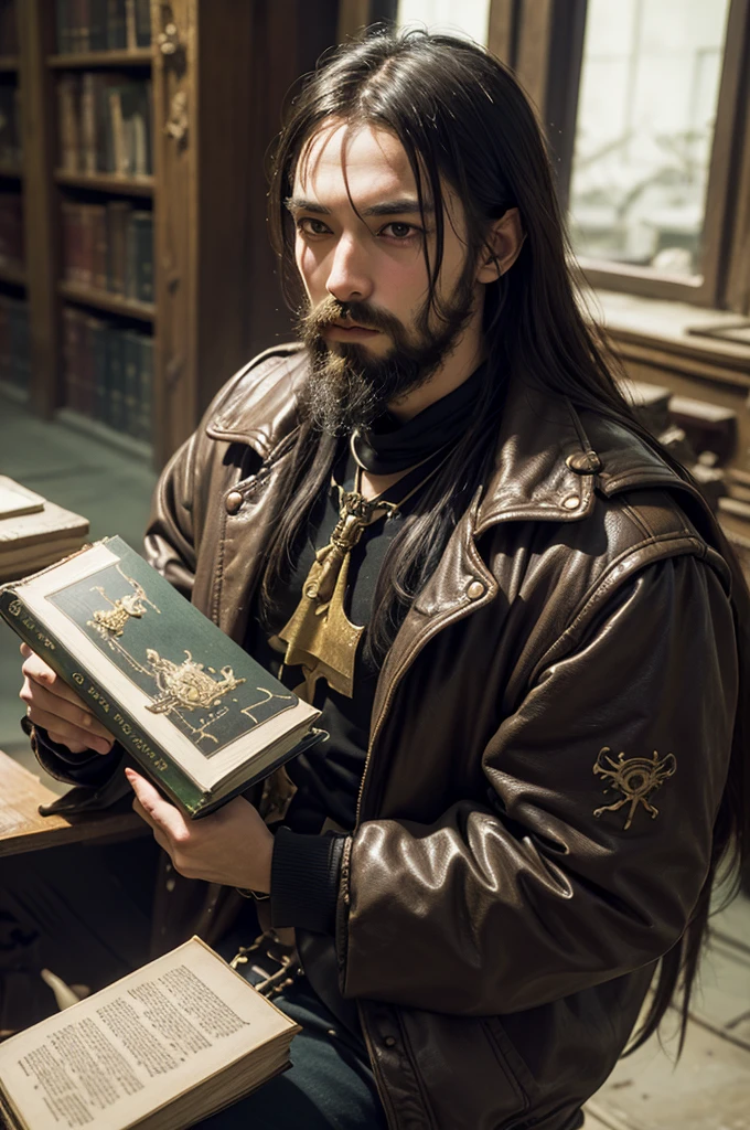 An oldery man Hermit have white bearded sage, white ascetic outfit, reading an old big book in an ancient library, optimistic, adventurous, cinematic lighting, dramatic skies, detailed facial features, detailed clothing, depth of field, photorealistic, highly detailed, 8k, masterpiece