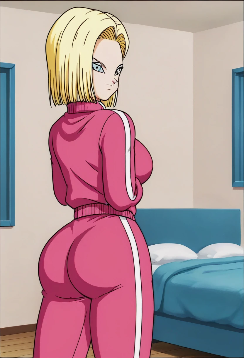 source_anime, score_9, score_8_up, score_7_up, anime screencap,
detailed face, android 18, supertop, 1girl, solo, looking at viewer, short hair, blue eyes, blonde hair, Big breasts, collarbone, hoop earrings, bedroom, collar up, track jacket, pink jacket, track suit, track pants, pink pants, standing, bent over, Big ass, sexy ass, thick legs, wide hips, back view, looking back