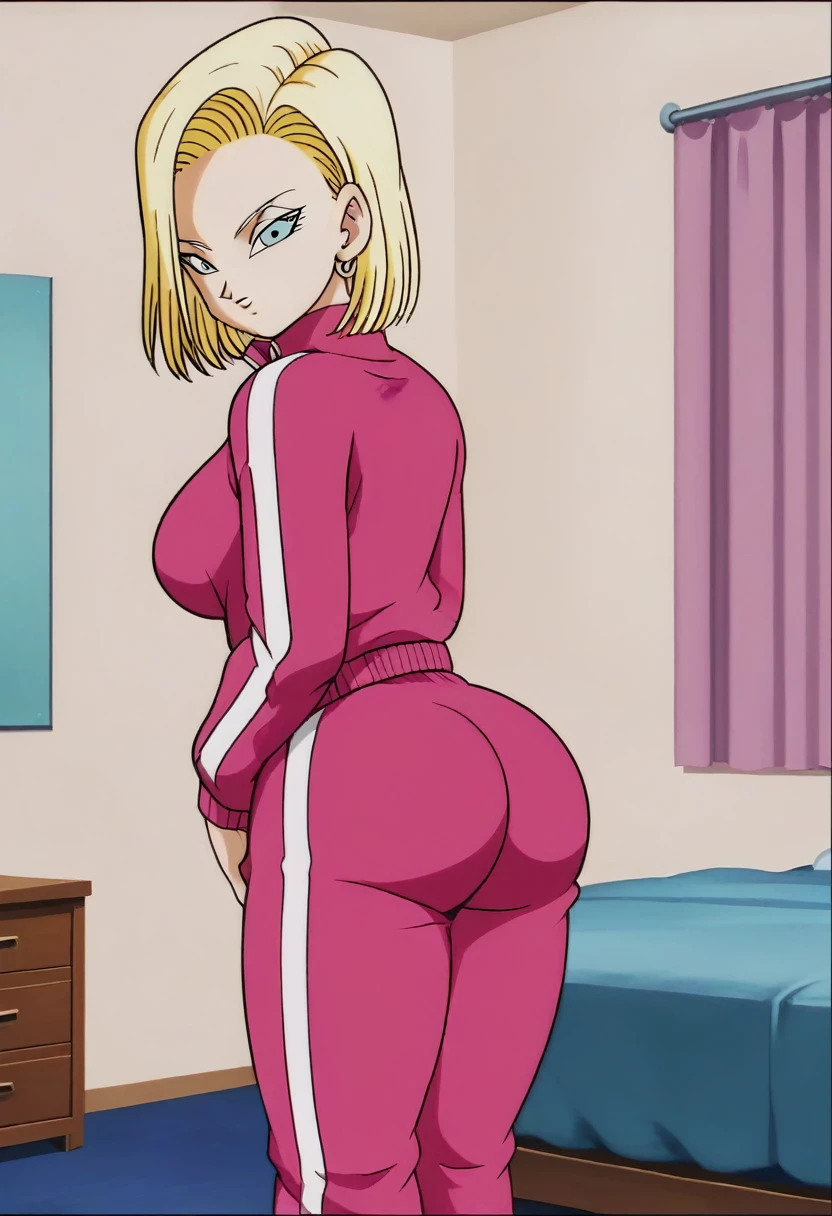 source_anime, score_9, score_8_up, score_7_up, anime screencap,
detailed face, android 18, supertop, 1girl, solo, looking at viewer, short hair, blue eyes, blonde hair, Big breasts, collarbone, hoop earrings, bedroom, collar up, track jacket, pink jacket, track suit, track pants, pink pants, standing, bent over, Big ass, sexy ass, thick legs, wide hips, back view, looking back