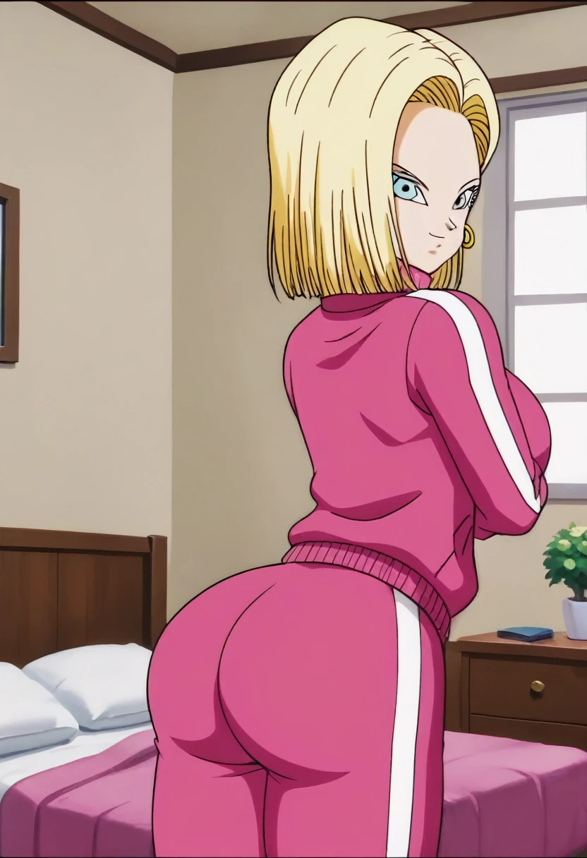 source_anime, score_9, score_8_up, score_7_up, anime screencap,
detailed face, android 18, supertop, 1girl, solo, looking at viewer, short hair, blue eyes, blonde hair, Big breasts, collarbone, hoop earrings, bedroom, collar up, track jacket, pink jacket, track suit, track pants, pink pants, standing, bent over, Big ass, sexy ass, thick legs, wide hips, back view, looking back
