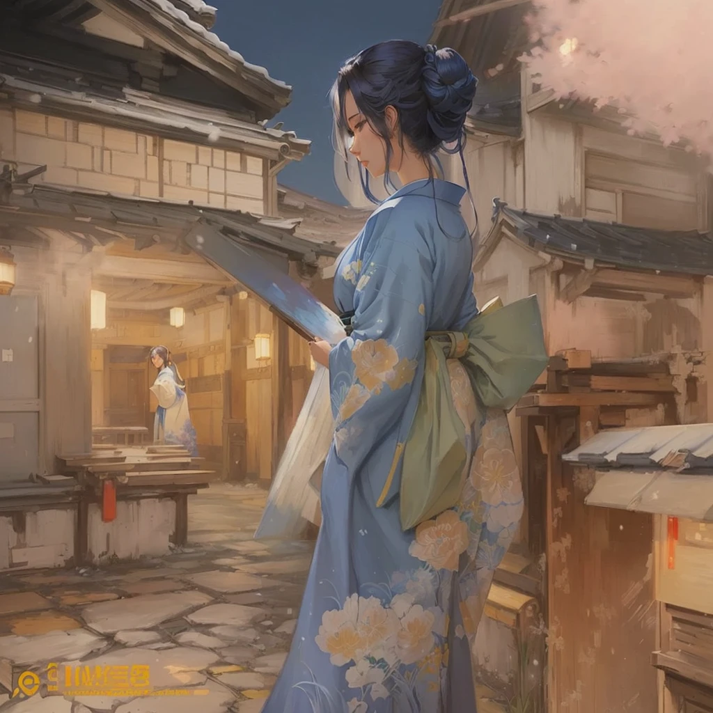 A painting of a woman in a blue kimono standing in a courtyard, artwork in the style of Gwaiz, Gwaiz on pixiv artstation, Gwaiz, Beautiful artwork illustration, Gwaiz on artstation pixiv, Painted in an anime artist's studio, artstation pixivでトレンド, Traditional Japanese concept art, Blazing flames, fire, crowd, throng, freezing, mother warming her baby.Scenery and Cityscape in the Early Meiji Era After the Meiji Restoration, Japan underwent rapid modernization and civilization. Consequently, many changes and reforms occurred. Below is a detailed explanation of the scenery, appearance of the poor, occupations, and cityscapes in the early Meiji period (1868 to the early 1880s). 2. Appearance of the Poor Life for the impoverished and lower classes remained harsh. In particular, in urban areas, people migrated from rural areas or unemployed artisans gathered, intensifying competition in the labor market. Many of them struggled with poverty, often residing in slums or around temples. 3. Occupations Meiji early Japan witnessed a diversification of occupations. Traditional agriculture and handicrafts were accompanied by the rise of modern industry and commerce. Particularly in urban areas, factory workers, shop clerks, and transporters increased, giving rise to new professions. However, many in these occupations endured harsh working conditions. 4. Influence of Civilization and Enlightenment During the Meiji era, Western cultural influences spread rapidly. Changes in clothing, dietary habits, and the proliferation of Western-style architecture advanced, especially in urban areas. Conversely, this development posed a threat to traditional culture and lifestyles, resulting in societal upheaval and adaptation challenges. 5. Social Change and Policy Influence While promoting modernization policies, the government also addressed poverty and social issues. Legislation for labor protection and charitable activities to aid the poor were implemented. Nevertheless, living conditions for the impoverished scarcely improved. The early Meiji period marked a rapid transformation in Japan