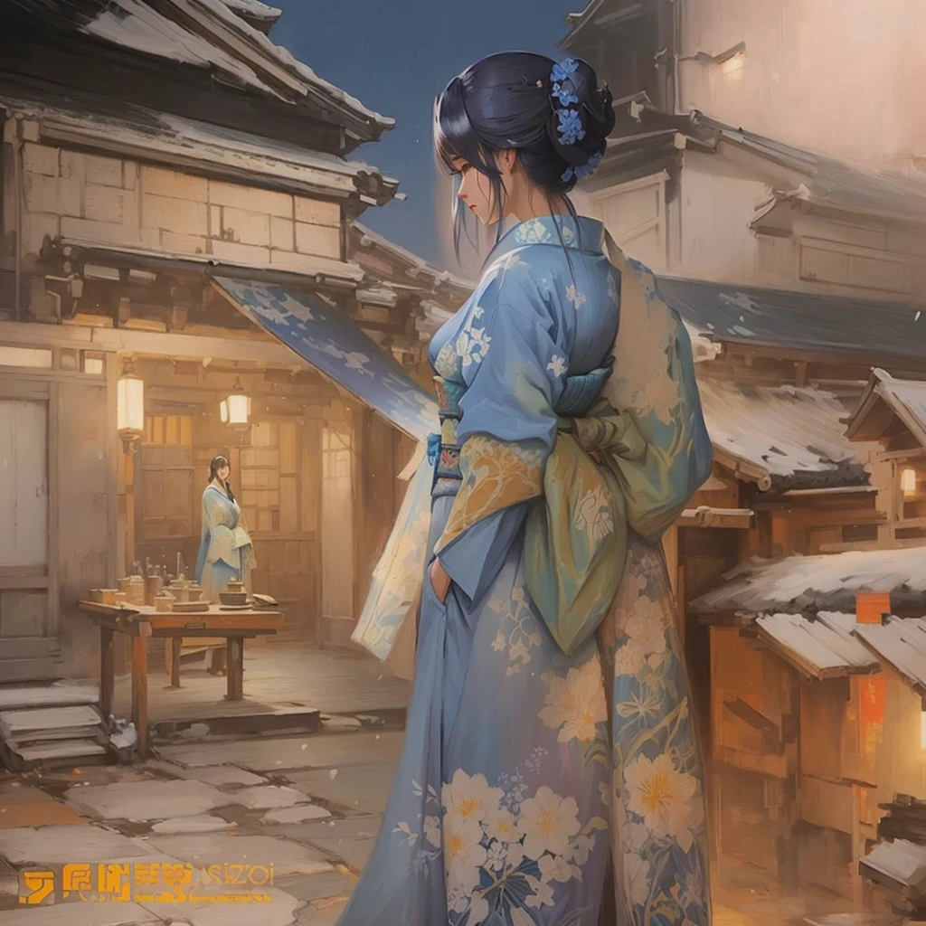 A painting of a woman in a blue kimono standing in a courtyard, artwork in the style of Gwaiz, Gwaiz on pixiv artstation, Gwaiz, Beautiful artwork illustration, Gwaiz on artstation pixiv, Painted in an anime artist&#39;s studio, artstation pixivでトレンド, Traditional Japanese concept art, Blazing flames, fire, crowd, throng, freezing, mother warming her .Scenery and Cityscape in the Early Meiji Era After the Meiji Restoration, Japan underwent rapid modernization and civilization. Consequently, many changes and reforms occurred. Below is a detailed explanation of the scenery, appearance of the poor, occupations, and cityscapes in the early Meiji period (1868 to the early 1880s). 2. Appearance of the Poor Life for the impoverished and lower classes remained harsh. In particular, in urban areas, people migrated from rural areas or unemployed artisans gathered, intensifying competition in the labor market. Many of them struggled with poverty, often residing in slums or around temples. 3. Occupations Meiji early Japan witnessed a diversification of occupations. Traditional agriculture and handicrafts were accompanied by the rise of modern industry and commerce. Particularly in urban areas, factory workers, shop clerks, and transporters increased, giving rise to new professions. However, many in these occupations endured harsh working conditions. 4. Influence of Civilization and Enlightenment During the Meiji era, Western cultural influences spread rapidly. Changes in clothing, dietary habits, and the proliferation of Western-style architecture advanced, especially in urban areas. Conversely, this development posed a threat to traditional culture and lifestyles, resulting in societal upheaval and adaptation challenges. 5. Social Change and Policy Influence While promoting modernization policies, the government also addressed poverty and social issues. Legislation for labor protection and charitable activities to aid the poor were implemented. Nevertheless, living conditions for the impoverished scarcely improved. The early Meiji period marked a rapid transformation in Japan