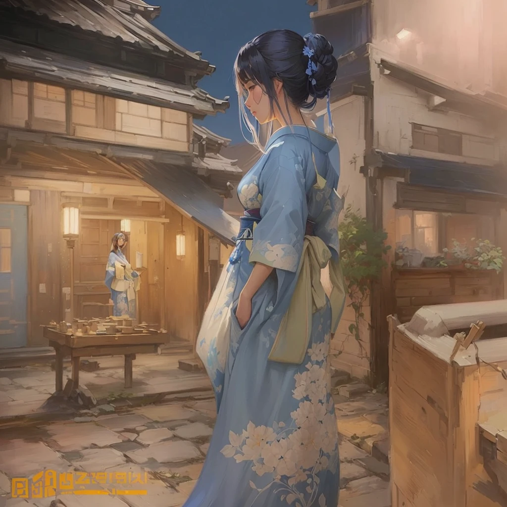 A painting of a woman in a blue kimono standing in a courtyard, artwork in the style of Gwaiz, Gwaiz on pixiv artstation, Gwaiz, Beautiful artwork illustration, Gwaiz on artstation pixiv, Painted in an anime artist's studio, artstation pixivでトレンド, Traditional Japanese concept art, Blazing flames, fire, crowd, throng, freezing, mother warming her baby.Scenery and Cityscape in the Early Meiji Era After the Meiji Restoration, Japan underwent rapid modernization and civilization. Consequently, many changes and reforms occurred. Below is a detailed explanation of the scenery, appearance of the poor, occupations, and cityscapes in the early Meiji period (1868 to the early 1880s). 2. Appearance of the Poor Life for the impoverished and lower classes remained harsh. In particular, in urban areas, people migrated from rural areas or unemployed artisans gathered, intensifying competition in the labor market. Many of them struggled with poverty, often residing in slums or around temples. 3. Occupations Meiji early Japan witnessed a diversification of occupations. Traditional agriculture and handicrafts were accompanied by the rise of modern industry and commerce. Particularly in urban areas, factory workers, shop clerks, and transporters increased, giving rise to new professions. However, many in these occupations endured harsh working conditions. 4. Influence of Civilization and Enlightenment During the Meiji era, Western cultural influences spread rapidly. Changes in clothing, dietary habits, and the proliferation of Western-style architecture advanced, especially in urban areas. Conversely, this development posed a threat to traditional culture and lifestyles, resulting in societal upheaval and adaptation challenges. 5. Social Change and Policy Influence While promoting modernization policies, the government also addressed poverty and social issues. Legislation for labor protection and charitable activities to aid the poor were implemented. Nevertheless, living conditions for the impoverished scarcely improved. The early Meiji period marked a rapid transformation in Japan