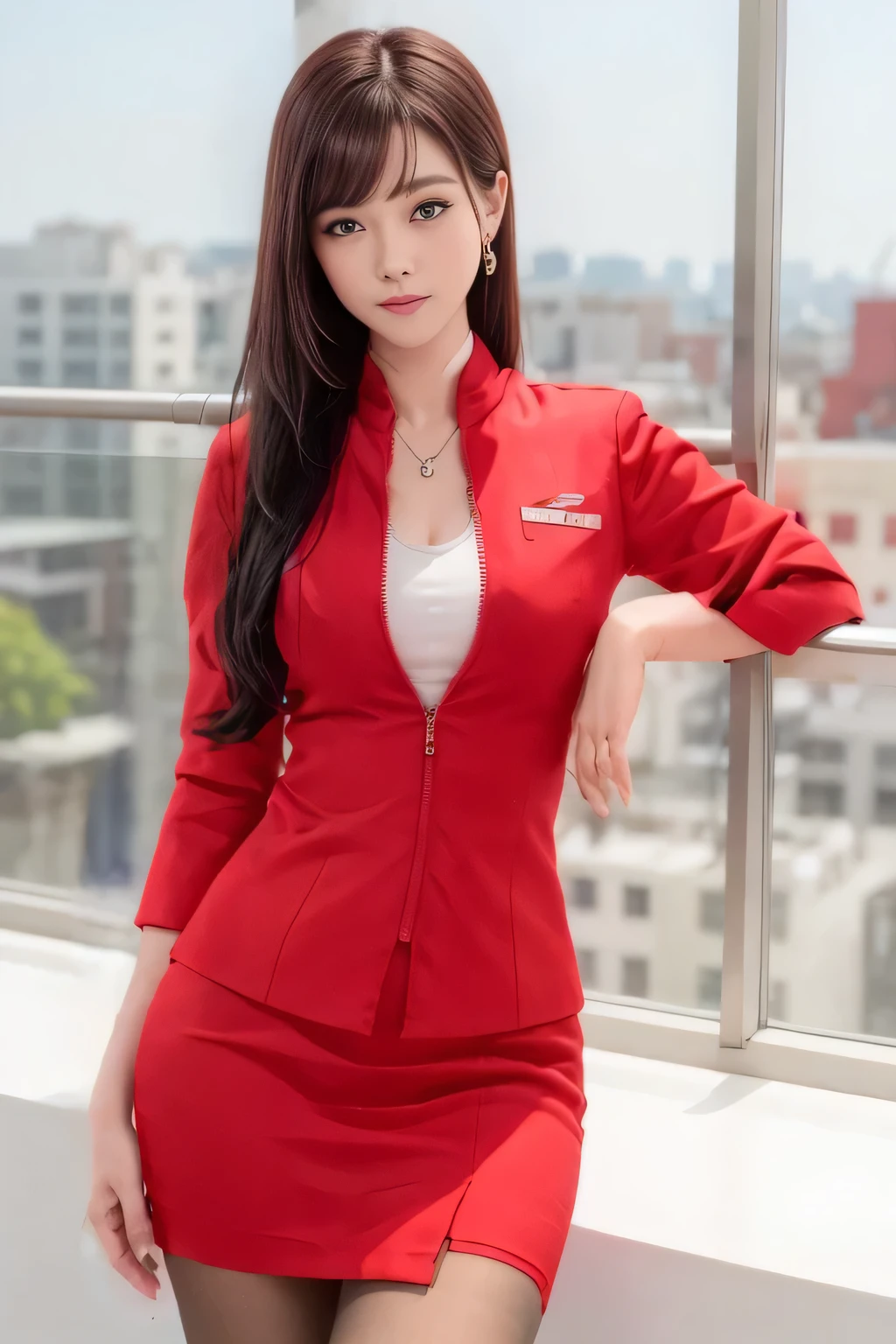 (masterpiece:1.2, Highest quality:1.2), 32k HDR, High resolution, (alone, 1 Girl), (AirAsia stewardess uniform realistic style), A proper woman, Beautiful Face, Brown Hair, (Long hair down to the legs), (Red jacket:1.1, Unzipped jacket, Unbuttoned white shirt:1.05, Red mini skirt:1.1, pantyhose),(Showing big through cleavage in unbuttoned white shirt)、(long hair that reaches down to the legs)、Perfect slim body:1.1, Huge breasts, huge breasts cleavage, Detailed skin texture, Beautiful Eyes, (Attractive look:1.2), necklace、Earrings、(forward leaning posture:1.5), On the roof of a building, Rooftop at daytime,blue eyes、Hands should be lowered