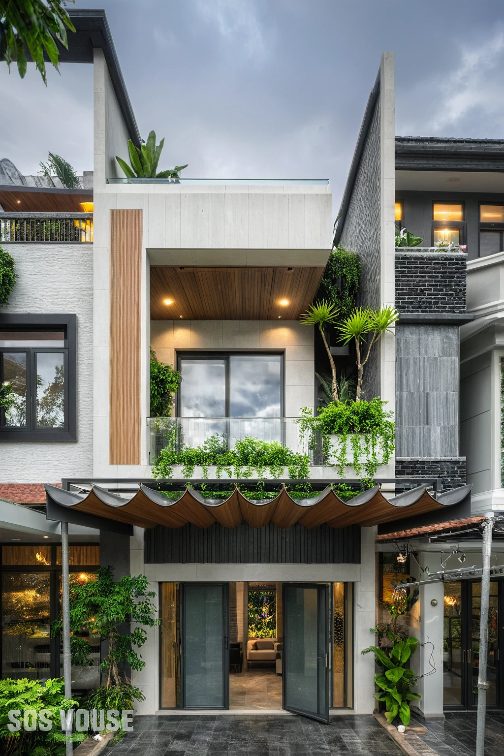modern villa on street, (overcast lighting:1.2), tropical tree, vivid color, streetcapes, nice sky, grey and wwhite tone, (large glass door:1.2), warm interior lighting, modern material, best quality, ultra realistic, masterpiece, 17ArchiAI_XL_VL-v1