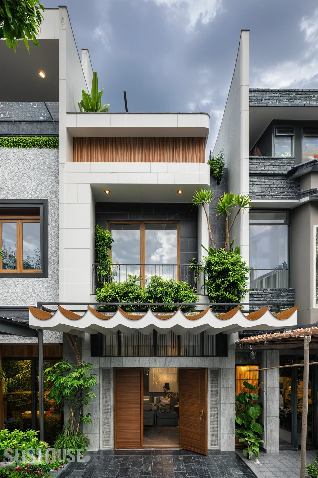 modern villa on street, (overcast lighting:1.2), tropical tree, vivid color, streetcapes, nice sky, grey and wwhite tone, (large glass door:1.2), warm interior lighting, modern material, best quality, ultra realistic, masterpiece, 17ArchiAI_XL_VL-v1