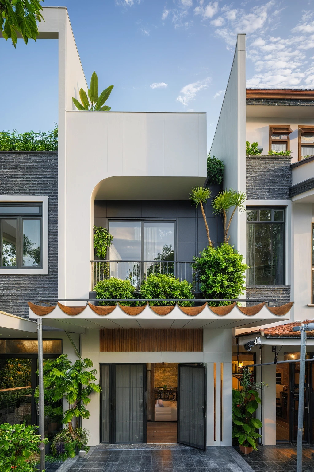 modern villa on street, (overcast lighting:1.2), tropical tree, vivid color, streetcapes, nice sky, grey and wwhite tone, (large glass door:1.2), warm interior lighting, modern material, best quality, ultra realistic, masterpiece, 17ArchiAI_XL_VL-v1
