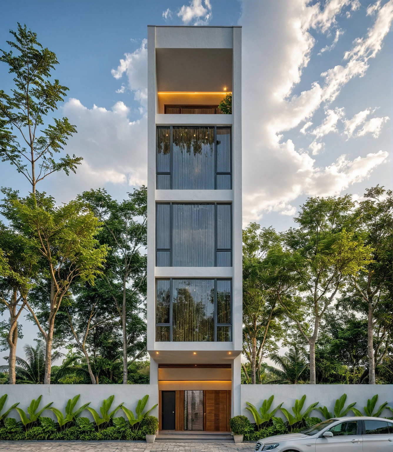 Masterpiece, high quality, best quality, authentic, super detail, outdoors, onestoreyvillaXL, aiaigroup, house style modern on the street ,stairs, white wall ,road,pavement, grass, trees, sky, cloud, (daylight:1.1)
