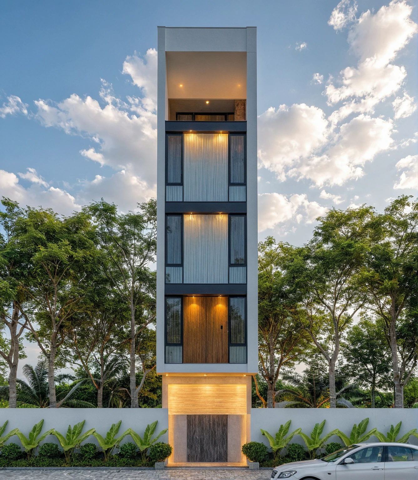 Masterpiece, high quality, best quality, authentic, super detail, outdoors, onestoreyvillaXL, aiaigroup, house style modern on the street ,stairs, white wall ,road,pavement, grass, trees, sky, cloud, (daylight:1.1)