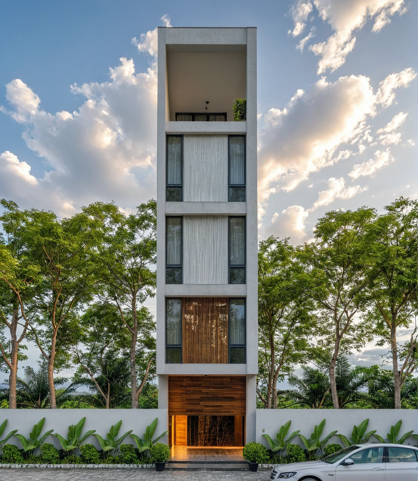 Masterpiece, high quality, best quality, authentic, super detail, outdoors, onestoreyvillaXL, aiaigroup, house style modern on the street ,stairs, white wall ,road,pavement, grass, trees, sky, cloud, (daylight:1.1)