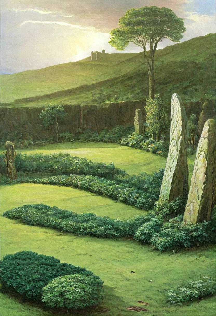 a celtic landscape with standing stones, druidic sanctuary, irish countryside, (pre-raphaelite painting, medieval style), detailed landscape, dramatic lighting, moody atmosphere, lush greenery, rolling hills, ancient ruins, mystical energy, atmospheric haze, dramatic clouds, vibrant colors, golden hour lighting