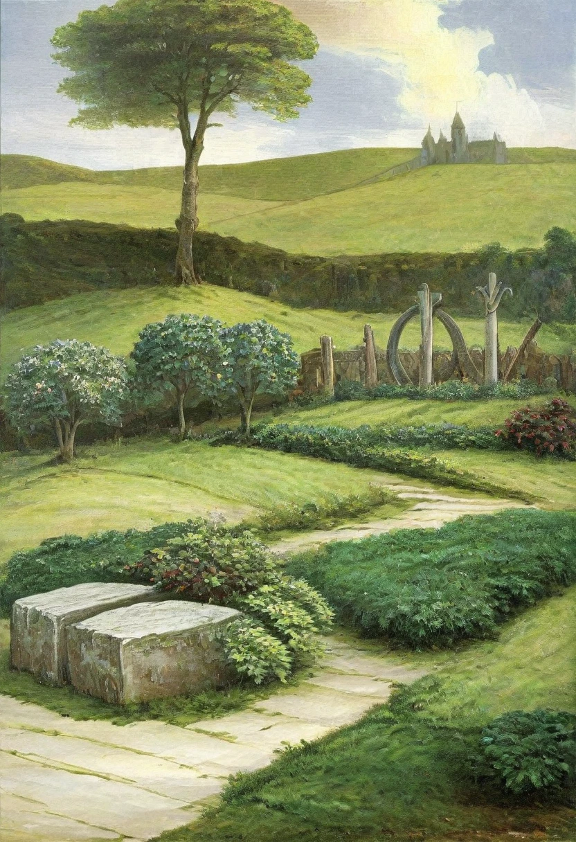 a celtic landscape with standing stones, druidic sanctuary, irish countryside, (pre-raphaelite painting, medieval style), detailed landscape, dramatic lighting, moody atmosphere, lush greenery, rolling hills, ancient ruins, mystical energy, atmospheric haze, dramatic clouds, vibrant colors, golden hour lighting