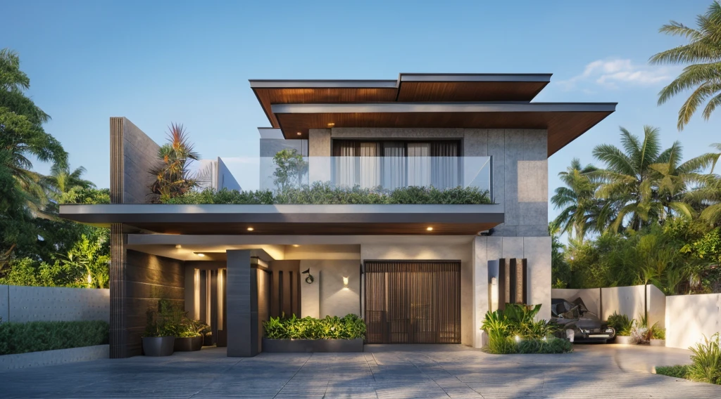 a modern house, grass fence, lawn, dark gray and coated wall material, Thai roof, strong modern style, blue sky, warm yellow light from inside, daylight day, feeling youthful