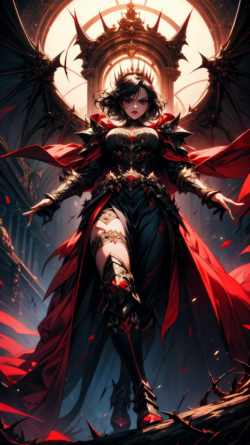 Masterpiece, high quality, super detailed, wallpaper, woman, black armor with black and red details, viewed from below, looking at the viewer, fit body, heels with black thorns, black and red short thorn crown, very short black hair, blue eyes, red lips, black eye makeup, black cape with black embroidery, angry look, stunning, in various poses, open hands, armored, detailed face