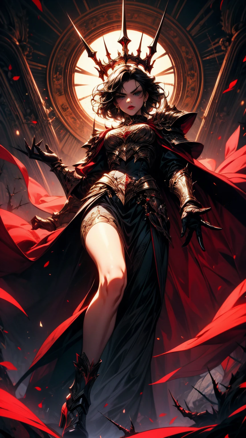 Masterpiece, high quality, super detailed, wallpaper, woman, black armor with black and red details, viewed from below, looking at the viewer, fit body, heels with black thorns, black and red short thorn crown, very short black hair, blue eyes, red lips, black eye makeup, black cape with black embroidery, angry look, stunning, in various poses, open hands, armored, detailed face