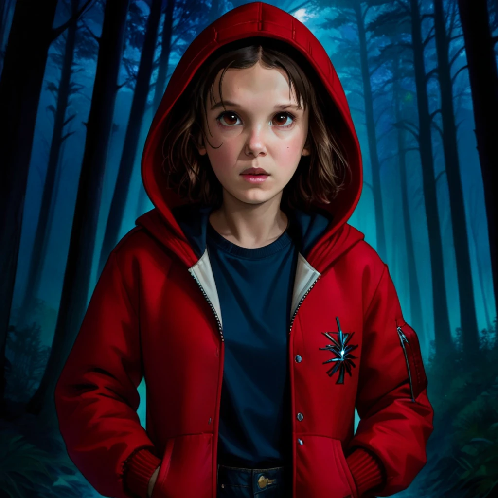 milli3 women , Millie Bobby Brown , 1 girl wearing a red jacket and hood ,Netflix , stranger things, eleven, in a dark forest , front view