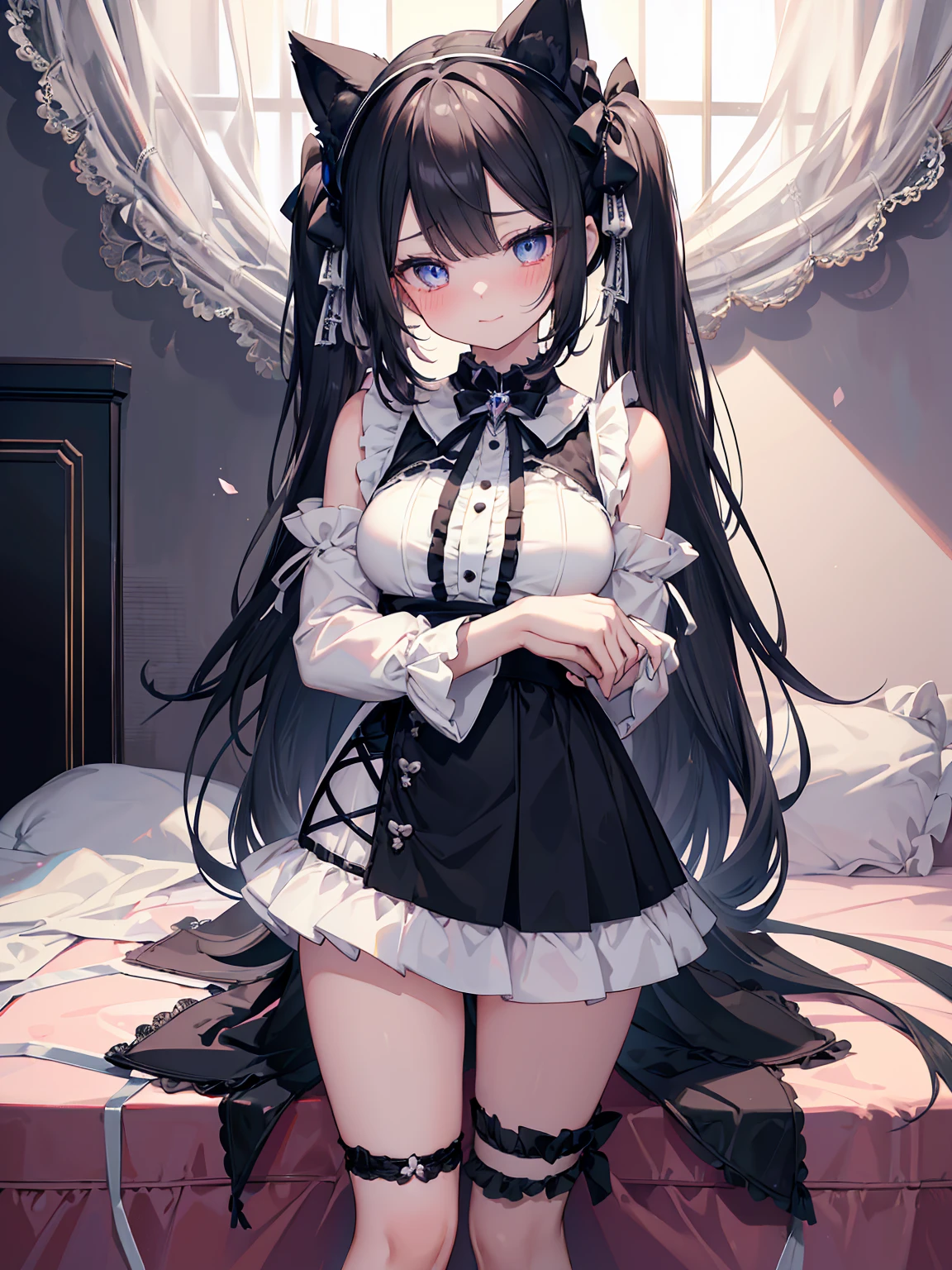 2girls, black and white hair, cat collar black, star-shaped pupil, beautiful detailed eyes, blue eyes, jewel-like eyes, , belly button, japenese girl room, girl on bed, first field view, ahoge, hair over shoulder, very long hair, very thick hair,hugging own legs, beautiful detailed jewel leather collar, animal ears, smile, embarrassed, blush, tearing up, high detail, anime, Romanticism, sparkle, silhouette, depth of field, UHD, retina, masterpiece, ccurate, anatomically correct, textured skin, super detail, high details, award winning, best quality, highres, high quality, 16k