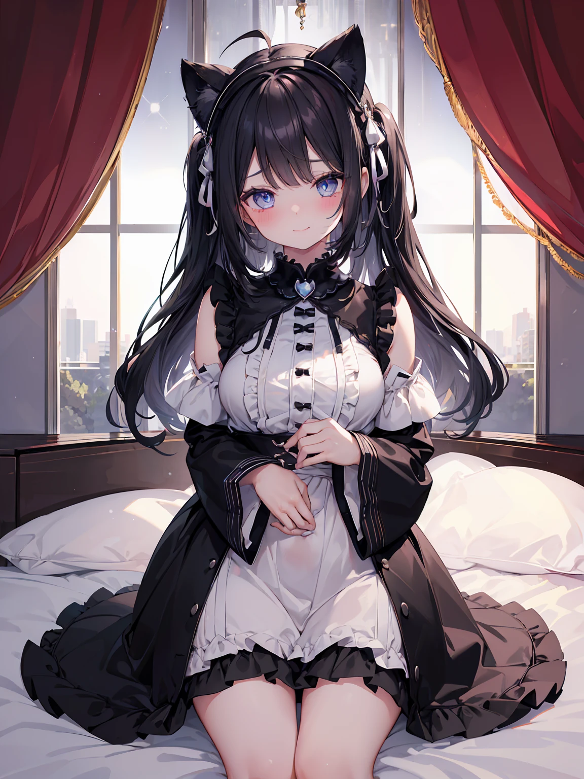 2girls, black and white hair, cat collar black, star-shaped pupil, beautiful detailed eyes, blue eyes, jewel-like eyes, , belly button, japenese girl room, girl on bed, first field view, ahoge, hair over shoulder, very long hair, very thick hair,hugging own legs, beautiful detailed jewel leather collar, animal ears, smile, embarrassed, blush, tearing up, high detail, anime, Romanticism, sparkle, silhouette, depth of field, UHD, retina, masterpiece, ccurate, anatomically correct, textured skin, super detail, high details, award winning, best quality, highres, high quality, 16k