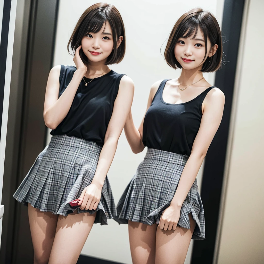 (Highest quality、8k、32k、masterpiece、Hmph:1.2)、(short hair)Cute Japanese Women Photos、(Sad smile、blush:1.1)、Looking at the audience、(Skirts with beautiful details:1.2)、((Knee-length checkered dark grey skirt))、Leg details、(Huge breasts:1.2)、(Lace panties:0.9)、(Wind力上昇:1.4)、Whole Body Ezbian、Wind、city、outside of home、(holding the skirt in your hands:1.3)