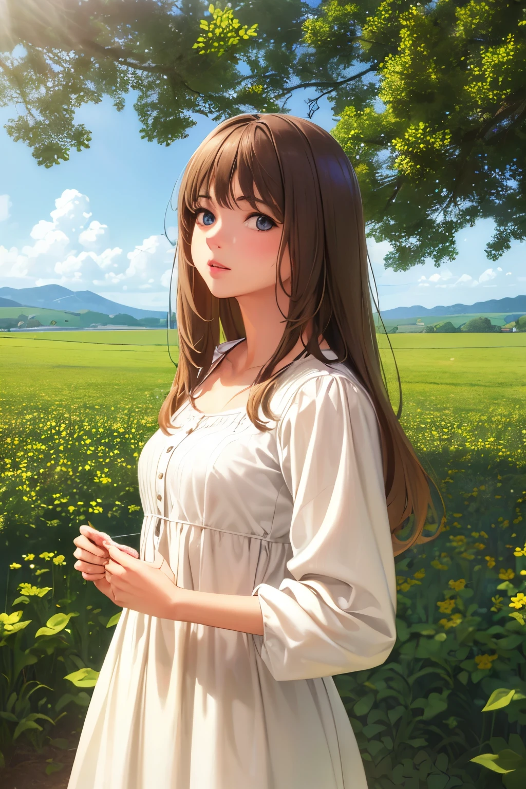 a cute girl with beautiful detailed eyes, beautiful detailed lips, extremely detailed eyes and face, long eyelashes, brown hair, wearing a white dress, standing next to a pig, beautiful detailed pig, pastoral, countryside, rolling hills, blue sky, fluffy clouds, golden sunlight, (best quality,4k,8k,highres,masterpiece:1.2),ultra-detailed,(realistic,photorealistic,photo-realistic:1.37),vibrant colors,soft lighting