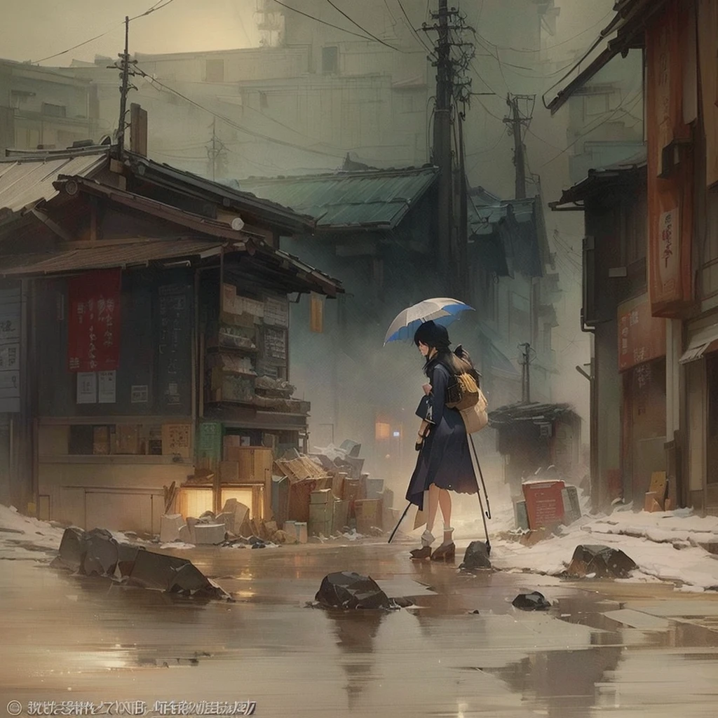there is a woman walking down the street holding an umbrella, by Kamisaka Sekka, Gweiz-style artwork, dark. by makoto shinkai, inspired by Yoshihiko Wada, Traditional Japanese concept art, Atmospheric. Digital Painting, Beautiful artwork illustration, Written by Zou Zhe, Inspired by Ryusuke Fukahori