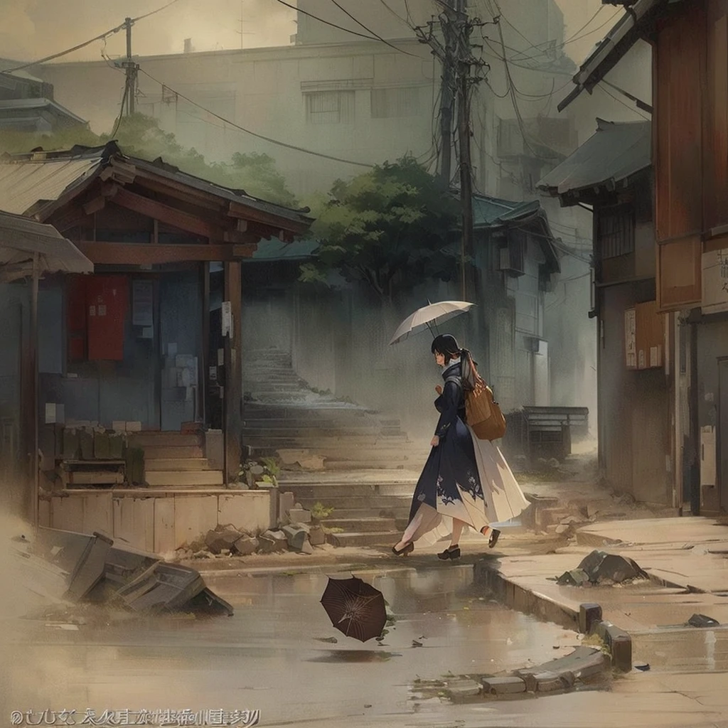 there is a woman walking down the street holding an umbrella, by Kamisaka Sekka, Gweiz-style artwork, dark. by makoto shinkai, inspired by Yoshihiko Wada, Traditional Japanese concept art, Atmospheric. Digital Painting, Beautiful artwork illustration, Written by Zou Zhe, Inspired by Ryusuke Fukahori