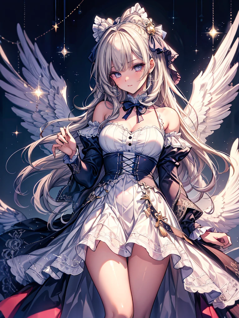 masterpiece, highest quality, High resolution, SA1, Ruffled dresses, Sparkly eyes, thighs, false eyelashes, Cute atmosphere, straight hair, ribbon,