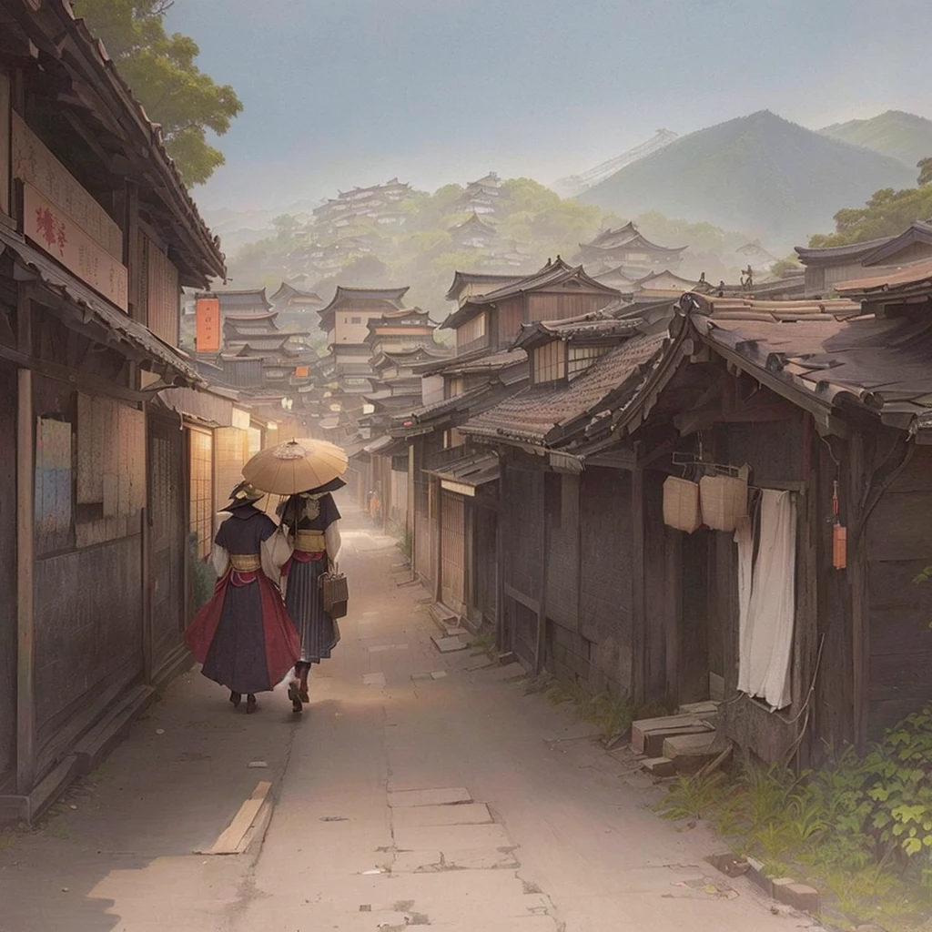 A woman is walking down the street with a basket on her head, Rob Ley and Kentaro Miura style, The ancient street behind her, Old Asian Village, Rob Ley and Kentaro Miura, Rob Ray and Kentaro Miura Style, by Kamisaka Sekka, Japanese Village, Japanese Street, Digital painting concept art Blazing flames, fire, crowd, throng, freezing, mother warming her baby.Scenery and Cityscape in the Early Meiji Era After the Meiji Restoration, Japan underwent rapid modernization and civilization. Consequently, many changes and reforms occurred. Below is a detailed explanation of the scenery, appearance of the poor, occupations, and cityscapes in the early Meiji period (1868 to the early 1880s). 2. Appearance of the Poor Life for the impoverished and lower classes remained harsh. In particular, in urban areas, people migrated from rural areas or unemployed artisans gathered, intensifying competition in the labor market. Many of them struggled with poverty, often residing in slums or around temples. 3. Occupations Meiji early Japan witnessed a diversification of occupations. Traditional agriculture and handicrafts were accompanied by the rise of modern industry and commerce. Particularly in urban areas, factory workers, shop clerks, and transporters increased, giving rise to new professions. However, many in these occupations endured harsh working conditions. 4. Influence of Civilization and Enlightenment During the Meiji era, Western cultural influences spread rapidly. Changes in clothing, dietary habits, and the proliferation of Western-style architecture advanced, especially in urban areas. Conversely, this development posed a threat to traditional culture and lifestyles, resulting in societal upheaval and adaptation challenges. 5. Social Change and Policy Influence While promoting modernization policies, the government also addressed poverty and social issues. Legislation for labor protection and charitable activities to aid the poor were implemented. Nevertheless, living conditions for the impoverished scarcely improved. The early Meiji period marked a rapid transformation in Japan, with complex social landscapes i