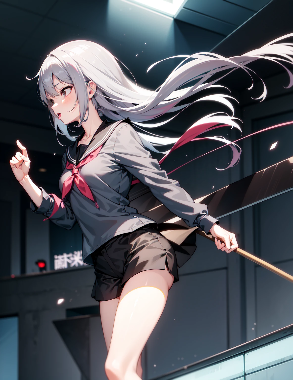 Female anime character wearing grey shirt and black shorts, 诱人的Anime Girl,Raise your hands， Biye gesture，Stick out your tongue，hyperPractical schoolgirl, Edge anime style, a hyperPractical schoolgirl, 蹲着的美丽Anime Girl, Practical , Anime cute art style, Beautiful anime high school, Edge, Anime Girl, Edge style, Best Girl in Anime, Anime Girl蹲着，Legs open