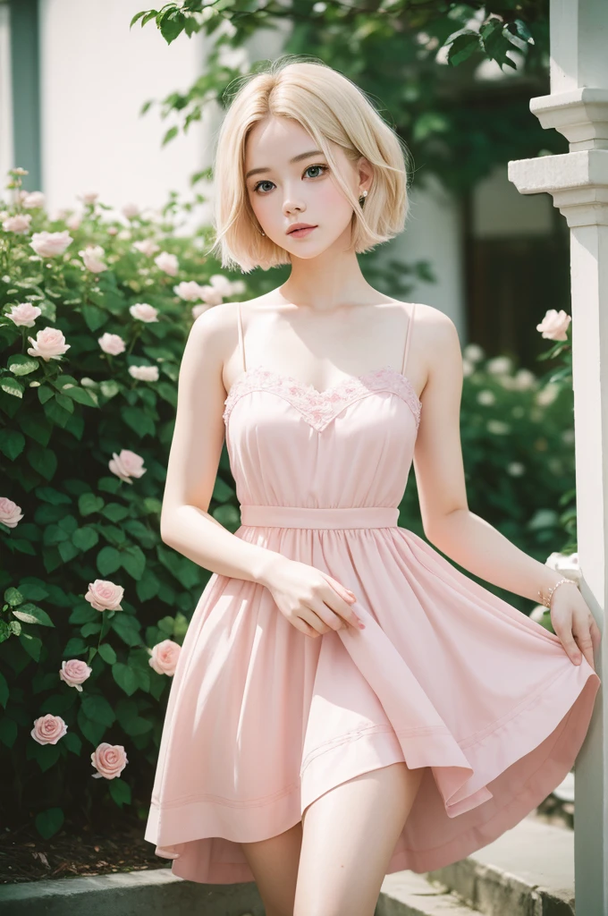 8k, CRU photo, Fujifilm, style photo of a beautiful young woman like Avril in a light pink rose garden (highly detailed: 1.2) Style-Petal BREAK short hair, blonde hair with colored highlights, wearing a dress, film grain, 35mm, cute style