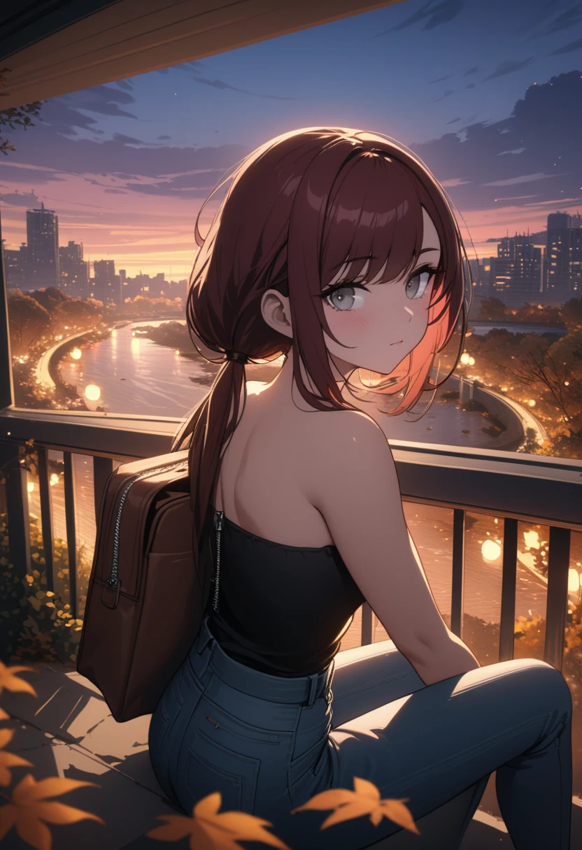 (masterpiece:1.2, Best Quality), (finely detailed beautiful eye: 1.2), (beautiful detailed face), High contrast, (Best Illumination, extremely delicate and beautiful), ((Cinematic Light)), Highest Quality, masterpiece, light particles, Best quality, masterpiece, from behind, stoic young woman with gray eyes drinking beer while sitting on balcony and looking out at city, dark red hair in low twin tails, swept bangs, side bangs, strapless black shirt with zipper, jeans, satchel, toned arms, small breasts, creek, outdoors, autumn, dusk, lights, tropical, clouds,teal buildings, white steps, fence, road, people in background, falling leaves,