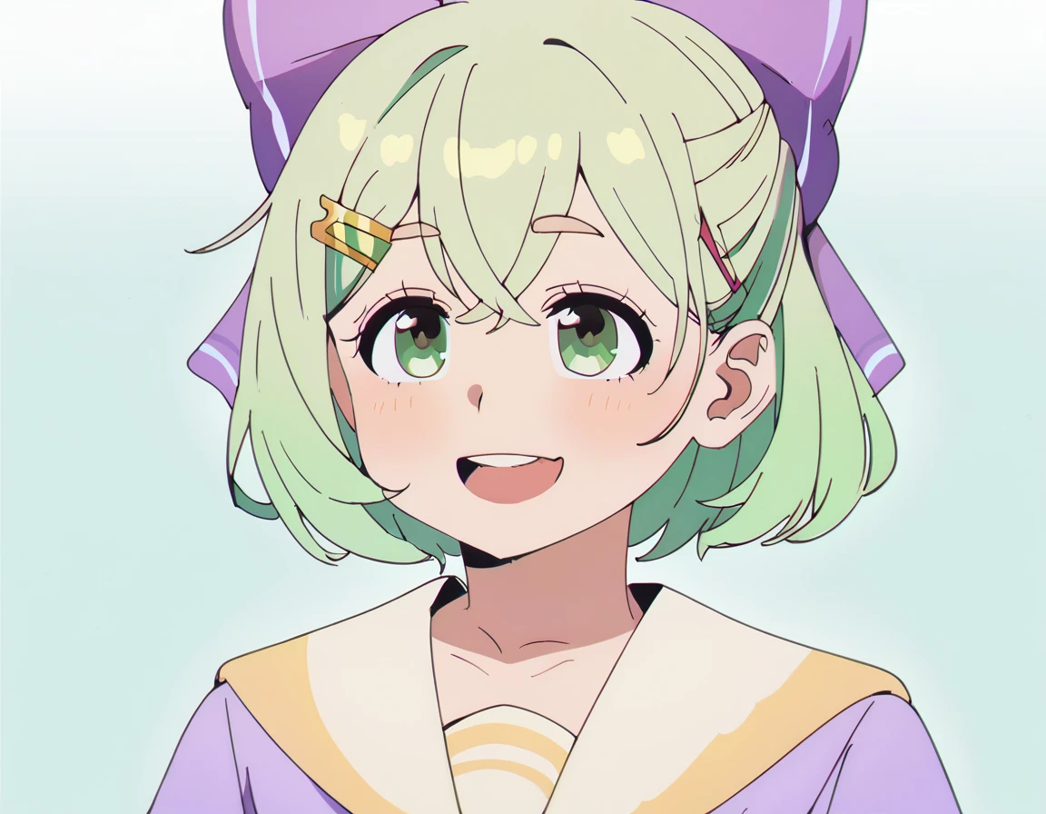 score_9, score_8_up, score_7_up, 1girl, short green hair, green eyes, purple bow headdress, hair clip, purple and yellow sailor collar, sailor suit, nerdy hairstyle. Green bow girl with crossed bangs. Short hair, close-up, bust, facial close-up, Akimbo, female.laugh，***********，****ta，