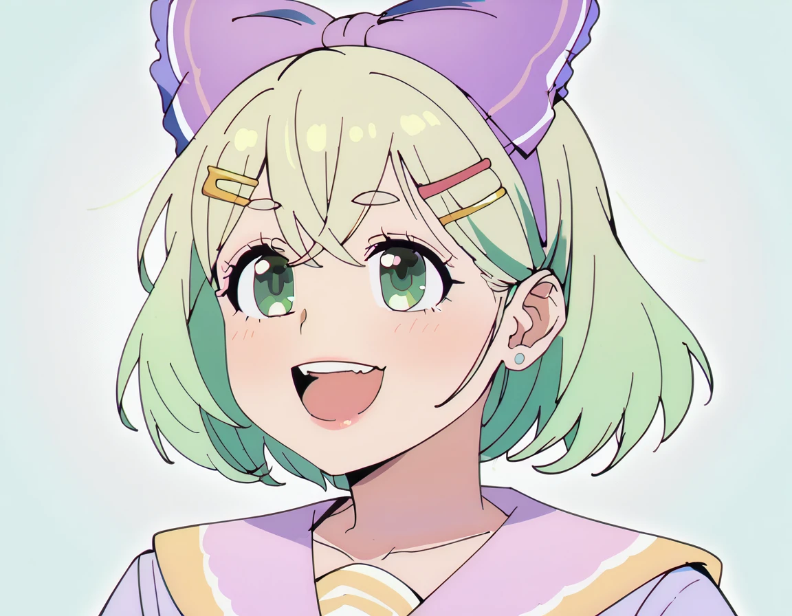 score_9, score_8_up, score_7_up, 1girl, short green hair, green eyes, purple bow headdress, hair clip, purple and yellow sailor collar, sailor suit, nerdy hairstyle. Green bow girl with crossed bangs. Short hair, close-up, bust, facial close-up, Akimbo, female.laugh，***********，****ta，