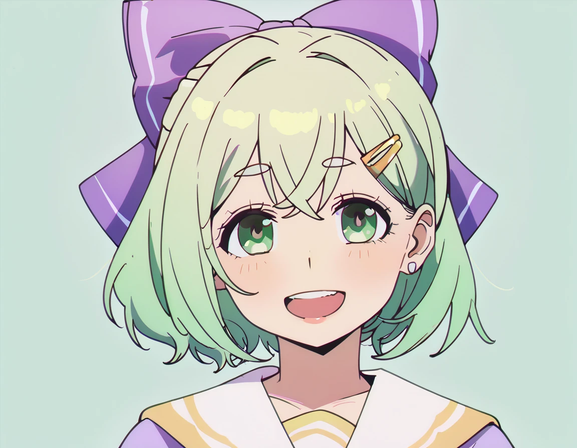 score_9, score_8_up, score_7_up, 1girl, short green hair, green eyes, purple bow headdress, hair clip, purple and yellow sailor collar, sailor suit, nerdy hairstyle. Green bow girl with crossed bangs. Short hair, close-up, bust, facial close-up, Akimbo, female.laugh， girl，lolita，