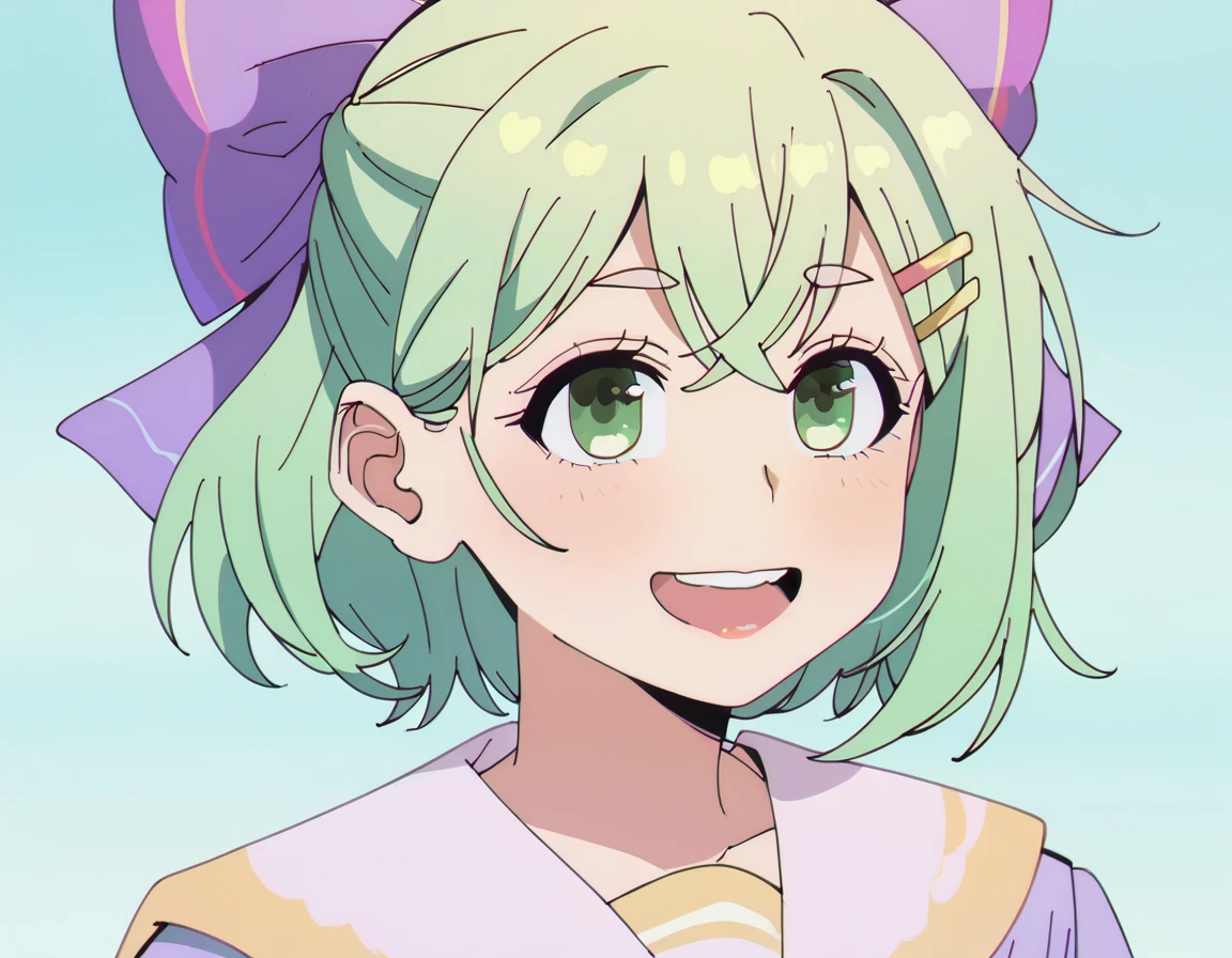 score_9, score_8_up, score_7_up, 1girl, short green hair, green eyes, purple bow headdress, hair clip, purple and yellow sailor collar, sailor suit, nerdy hairstyle. Green bow girl with crossed bangs. Short hair, close-up, bust, facial close-up, Akimbo, female.laugh，***********，****ta，