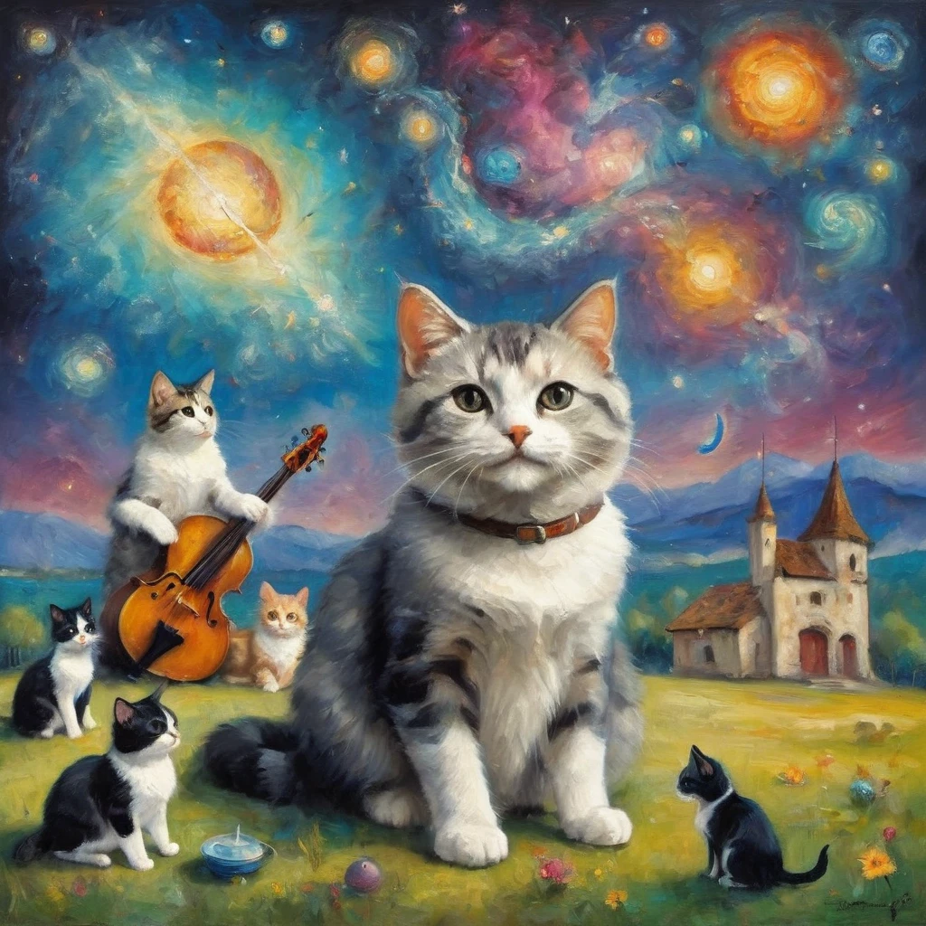 Little, (((a Little cute cat, smile, Look forward))), colorful Note and instruments, Note, It is painted with a fantastical and vibrant aura., ((Surrounded by lots of dogs)), Musical elements, sing, Play a musical instrument, The background depicts a starry space landscape., Milky Way, nebula, Enhances the sense of vastness, ((Marc Chagall style)), The simple art of magic, primitivism, Protogens, ((Highest quality, masterpiece)),
((((Highest detail), Impressionism:1,1, 8k
