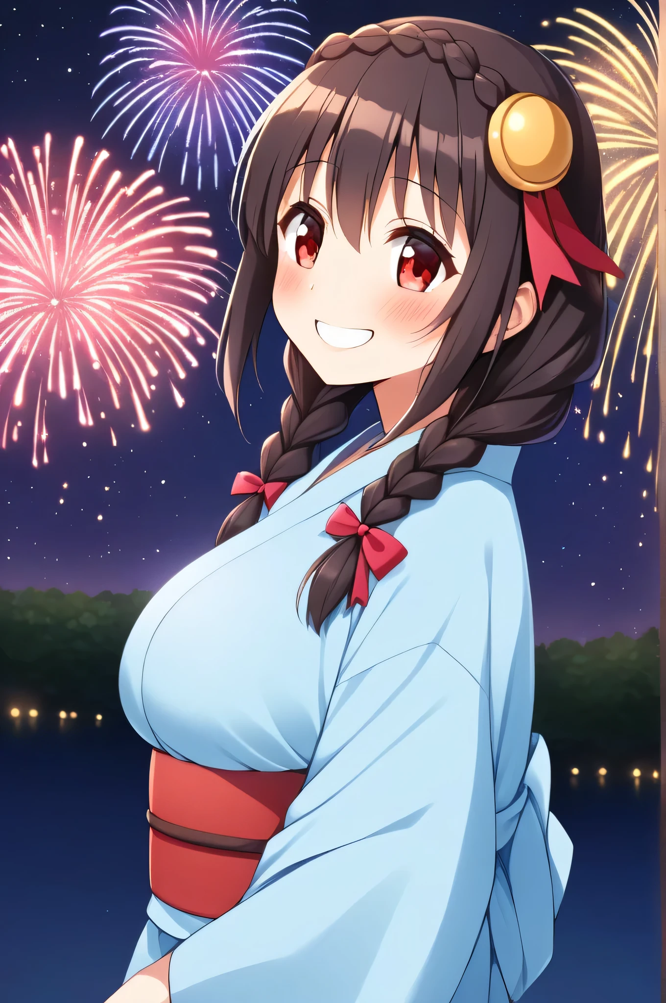 alone, One girl、Crown braids in the same color as your hair, hair ornaments, Hair Ribbon,(A light blue kimono with a red floral pattern and a red obi.)、Red Eyes、Black Hair、(A very happy and wonderful smile:1.5)、(blush:1.5)、Larger breasts、The background is a night river and fireworks、Side view